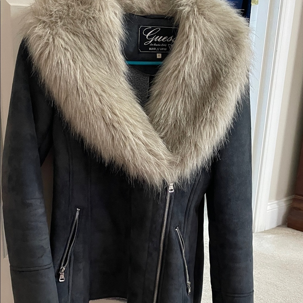 GUESS Black Faux Suede Jacket with Taupe Fur Trim